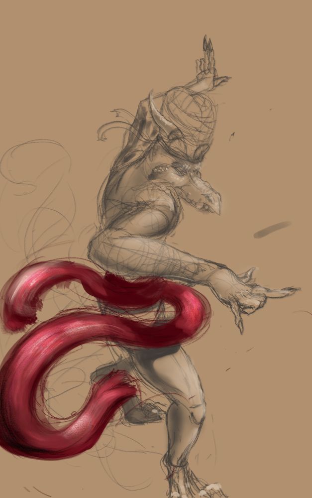 a sketch dragon merchant posing with a a couple of arcane hand gestures wearing a red sash