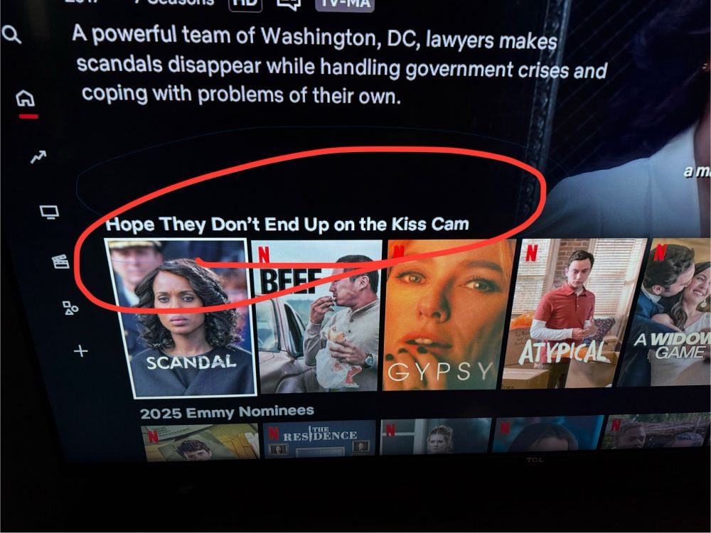 Picture of Netflix landing page with the category “Hope They Don’t End Up on the Kiss Cam” 