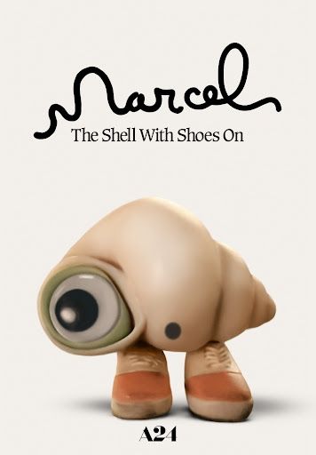 title splash for Marcel the Shell with Shoes On, with the aforementioned shell pictured 