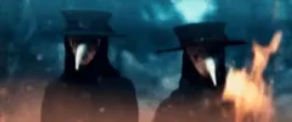 two people wearing plague doctor masks and hats are standing next to each other in front of a fire .