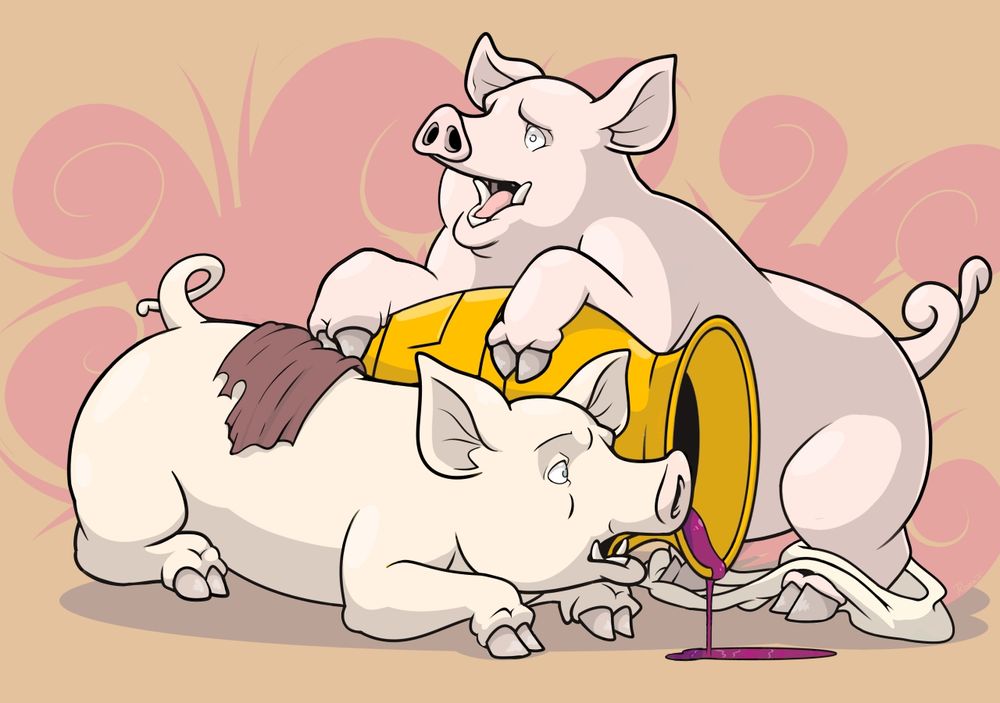 Two pigs are squealing on the floor around a large urn which has been overturned and from which a deep purpled wine is spilling out onto the ground. On the pigs' back and at their feet, torn cloth serves as the only clue that they were once people.