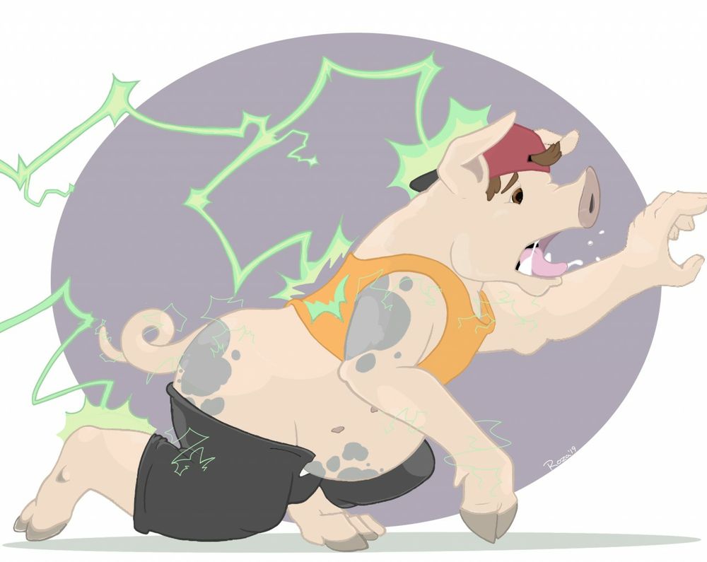 A man, trying to escape, turns into a pig as green bolts of magic zap his body.
