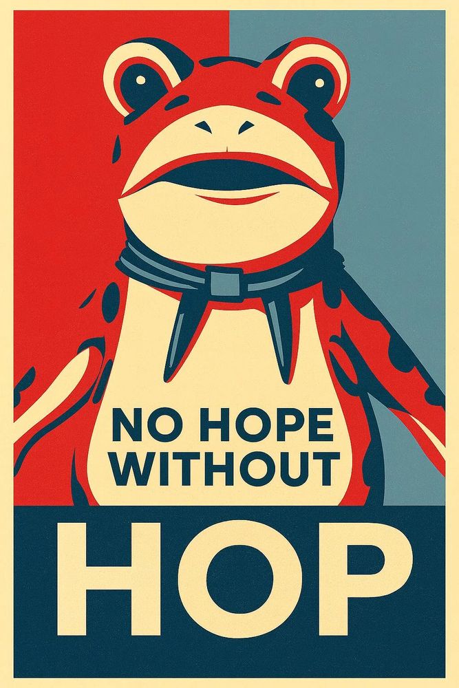 Based on Obama's Hope meme, this is a frog with the text "No Hope without HOP". The frog theme started outside the ICE facility in Portland.