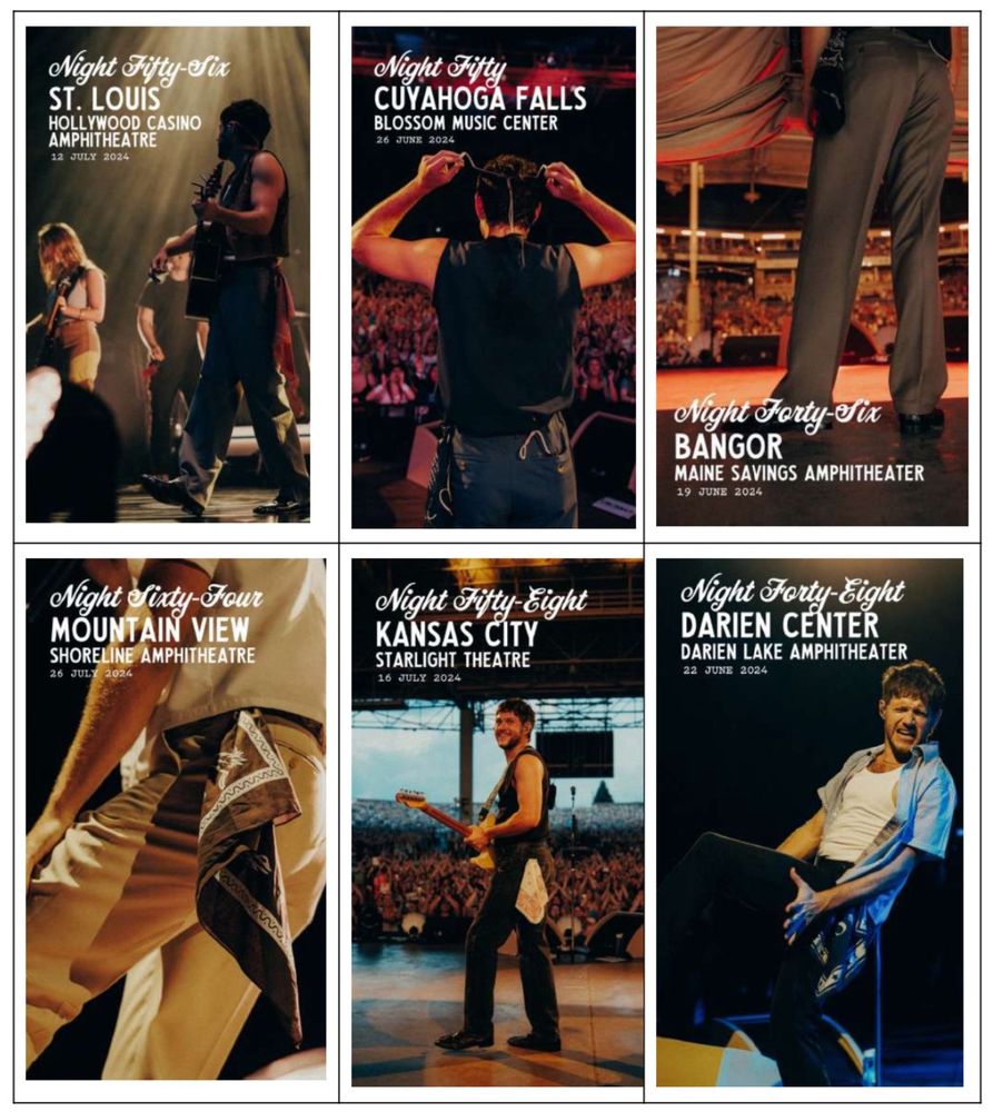 Niall and a collection of 6 hankys in St. Louis, Cuyahoga Falls, Bangor Maine, Montain View, Kansas City, and Darien Center, all his pictures with the left hanky prominently in view. Black hanky, white hanky, blue hanky, red hanky.