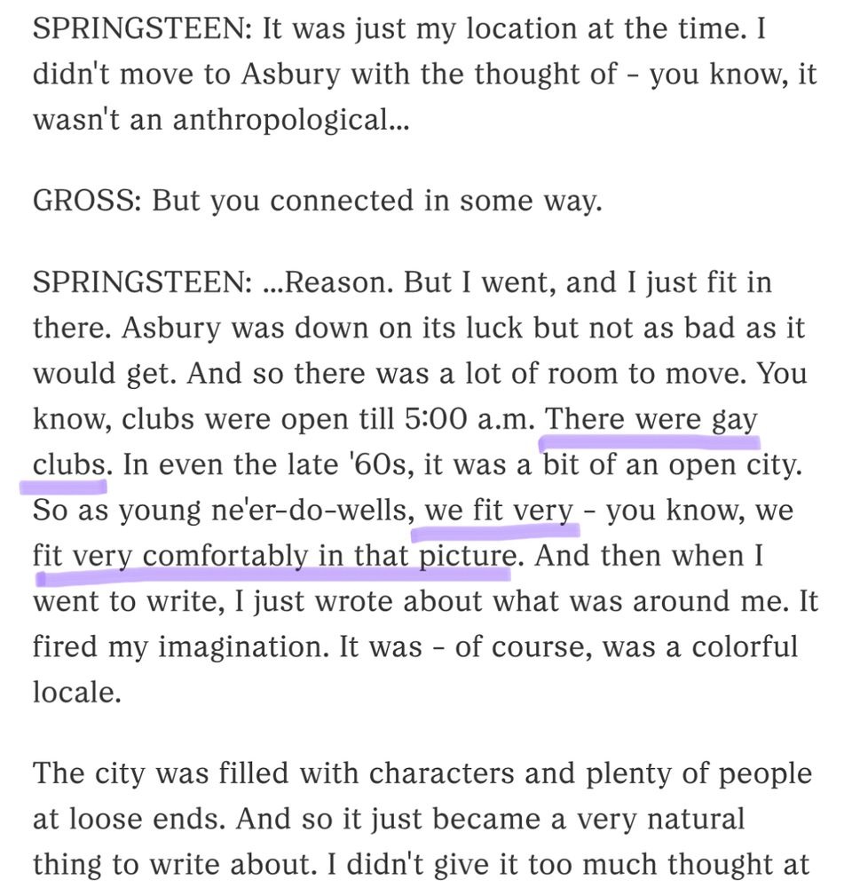 Highlighted section of text, which is repeated in next photo:

 You know, clubs were open till 5:00 a.m. There were gay clubs. In even the late 60s, it was a bit of an open city. So as young ne'er-do-wells, we fit very - you know, we fit very comfortably in that picture.