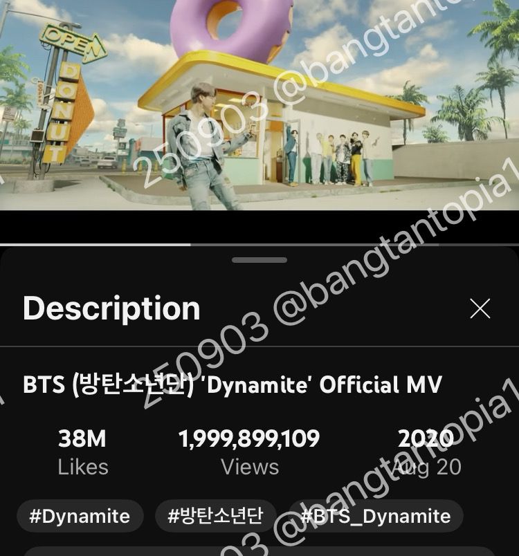 Screenshot from BTS Dynamite Youtube music video with 1,999,899,109 views

