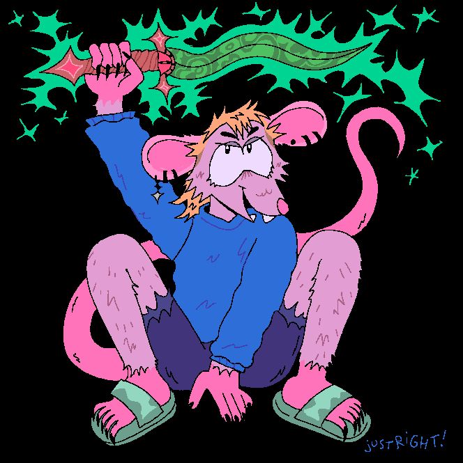 buckley, an anthro rodent with a blonde mullet and cool ear piercings wearing a blue sweater, dark blueish purple jorts and teal sandals squats/sits and holds up a kinda spooky magical sword that has a sparkly green glow radiating around it. he has a triumphant look on his face. the sword's blade is kinda wavy with a pattern that looks a little like malachite. the grip is twisty and brownish and there's a red eye and gems decorating the guard.