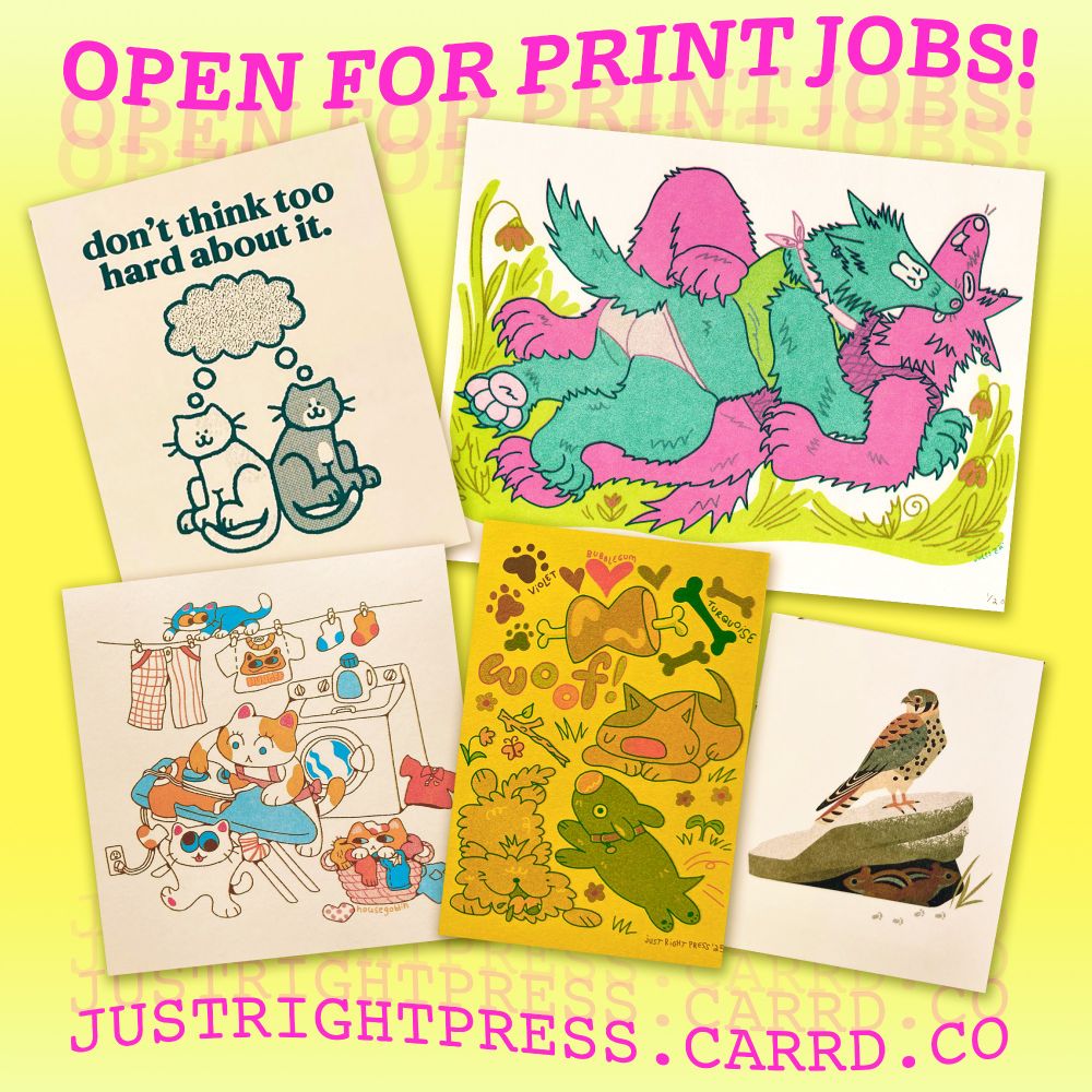 print job advertisment with a yellow background featuring artwork by art by:
@‪tigerstooth.bsky.social‬ - top left, two cats sharing a staticy thought bubble
@ housegoblin.bsky.social‬ -bottom left, cats doing laundry
me - top right, two gay pups embracing in a field of grass and flowers + middle bottom yellow sheet with dogs and dog related things
 @alextomlinson.comn- bottom right, falcon standing atop boulder with chipmunks hiding beneath