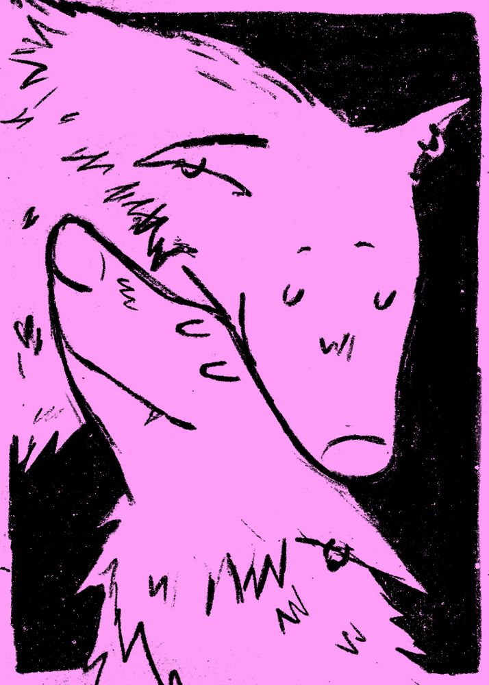 two scruffy canine creatures gently lovingly nuzzling each other. black lines, light pink background