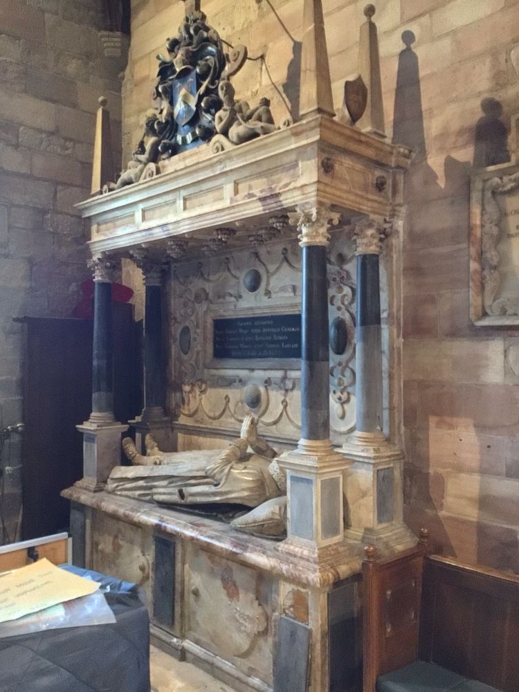 Colour image of an ornate 17th century belonging to Sir Oswald Mosley one of the fascist’s ancestors. The family seat was in Rolleston on Dove, Staffordshire, and the tomb is in St Mary’s Church.