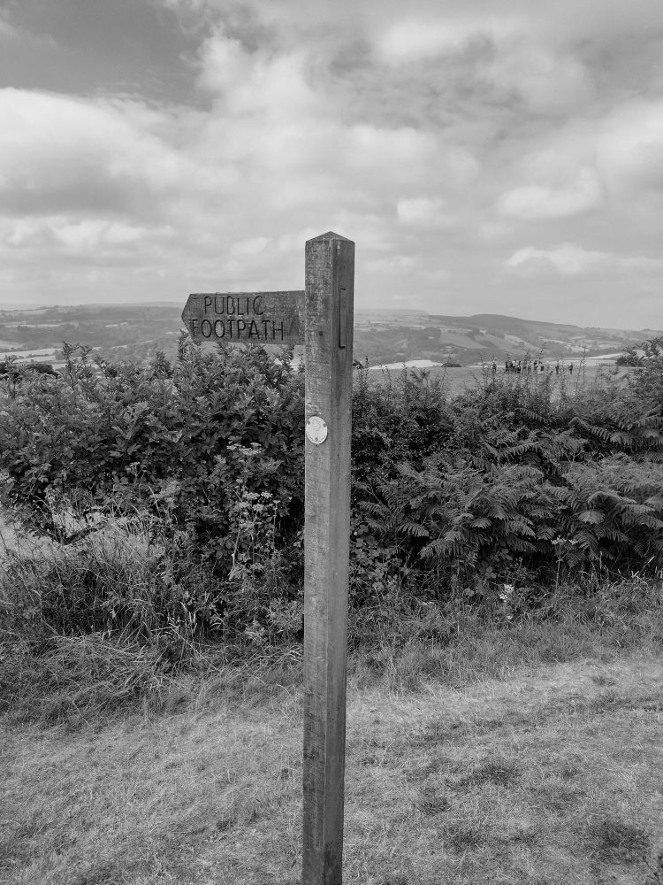 Black and white image of a fingerpost at Arthur's Stone Dorstone. Part of the Herefordshire Way.