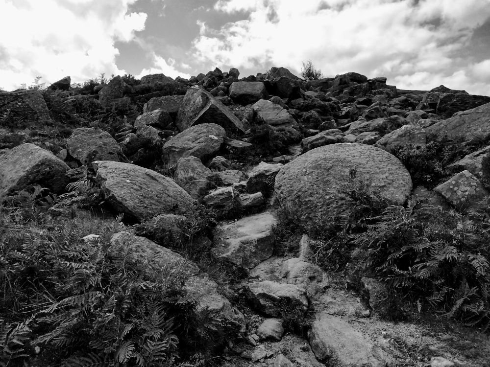 Black and white image of a pair of rough out millstones.