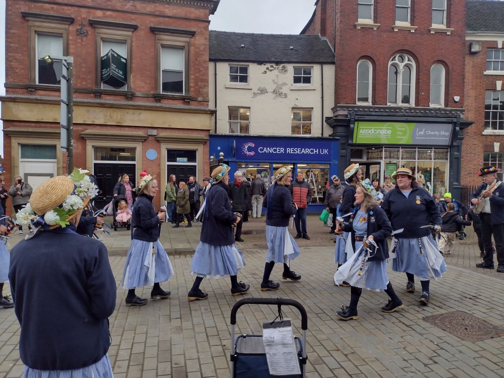 Colour image of women clog dancing in Leek, Staffordshire.