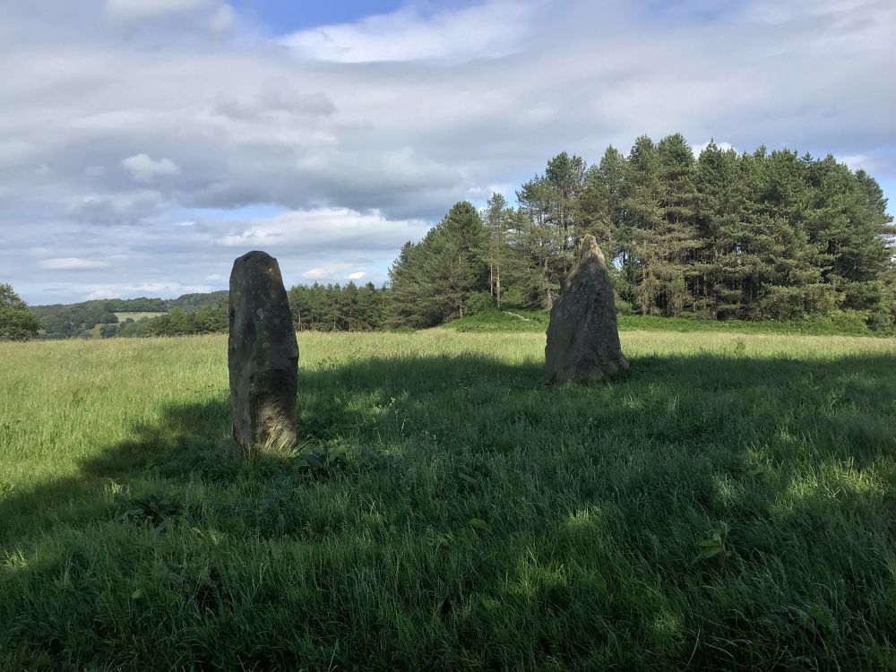 Colour image of two of the remaining stones of Nine Stone Close on Harthill Moor in the Peak District. Made of locally sourced gritstone the four remaining stones are the largest upstanding stones in the area.