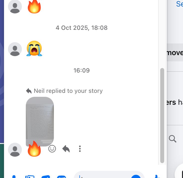 Facebook message of molly's dad reacting with a fire to a poem she posted on her stories 