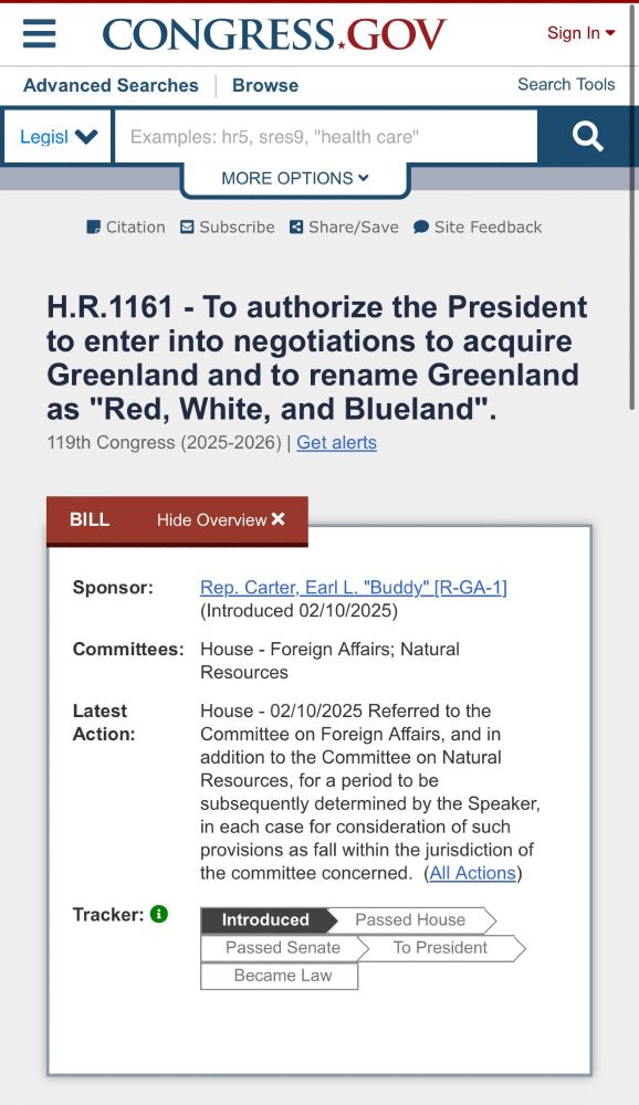 Screenshot of Congress.gov site, showing the recently filed House Bill 1161. HR 1161 - To authorize the President to enter into negotiations to acquire Greenland and to rename Greenland as "Red, White, and Blueland". The only correct thing about this bill being the use of the oxford comma.
