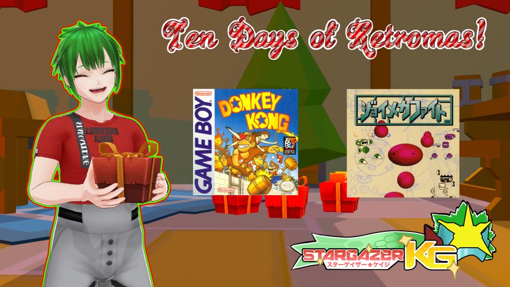 The Ten Days of Retromas thumbnail featuring StargazerKG, the Stellar Hero Vtuber. The games shown are Donkey Kong for the Game Boy and Joy Mecha Fight for the Famicom.
