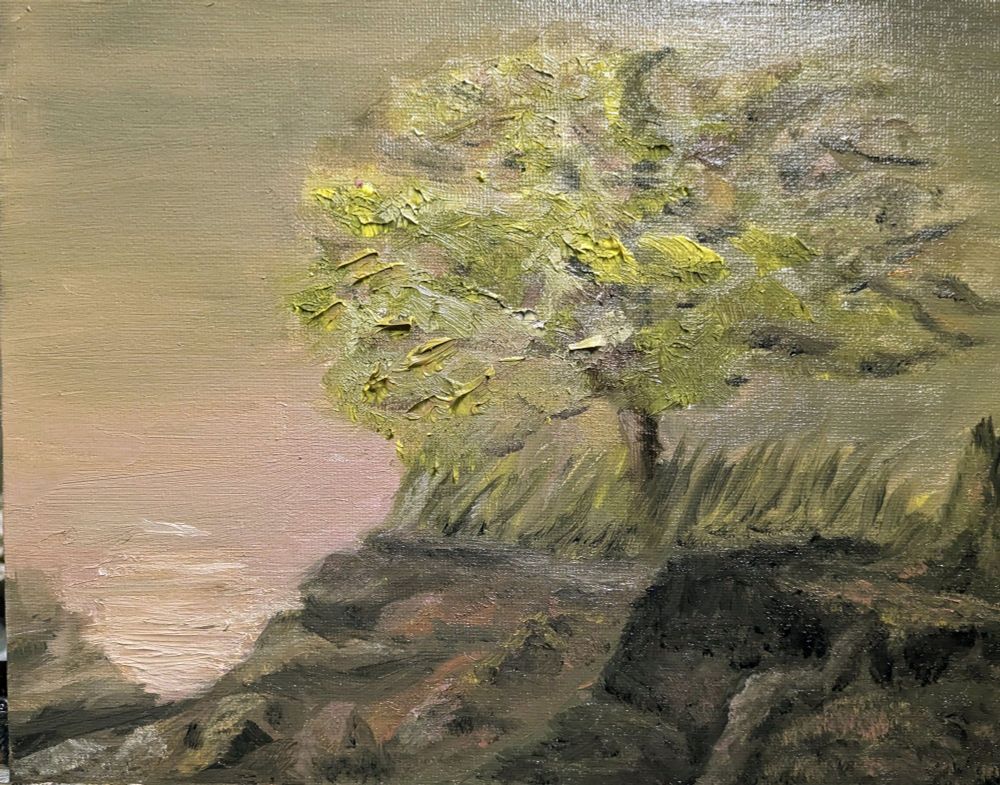 This oil painting depicts a solitary tree with thick, textured yellow-green foliage standing on the edge of a rocky cliff. The brushstrokes are expressive and impasto, particularly in the leaves, giving a sense of movement and depth. The background is rendered in soft, muted earth tones with a hazy, pastel sky that transitions from light pink near the horizon to grayish-green above. The cliff descends steeply toward a pale, setting Sun. 