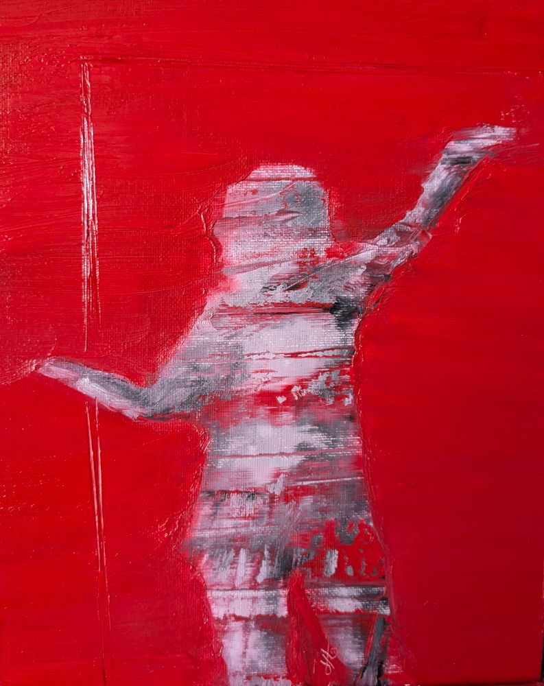 A rectangular oil painting features a vivid, textured red background that fills the entire canvas. At the center, a roughly human figure emerges, rendered in smeared whites, grays, and blacks, with distinct horizontal brush strokes and areas of scraped paint. 

The figure appears to be raising one arm above its head and extending the other outward. The figure’s edges are blurred and indistinct, blending into the red background, creating a ghostly, almost ethereal effect. 

The painting’s surface shows visible brush marks and variations in the thickness of the paint, emphasizing the tactile quality of the medium.