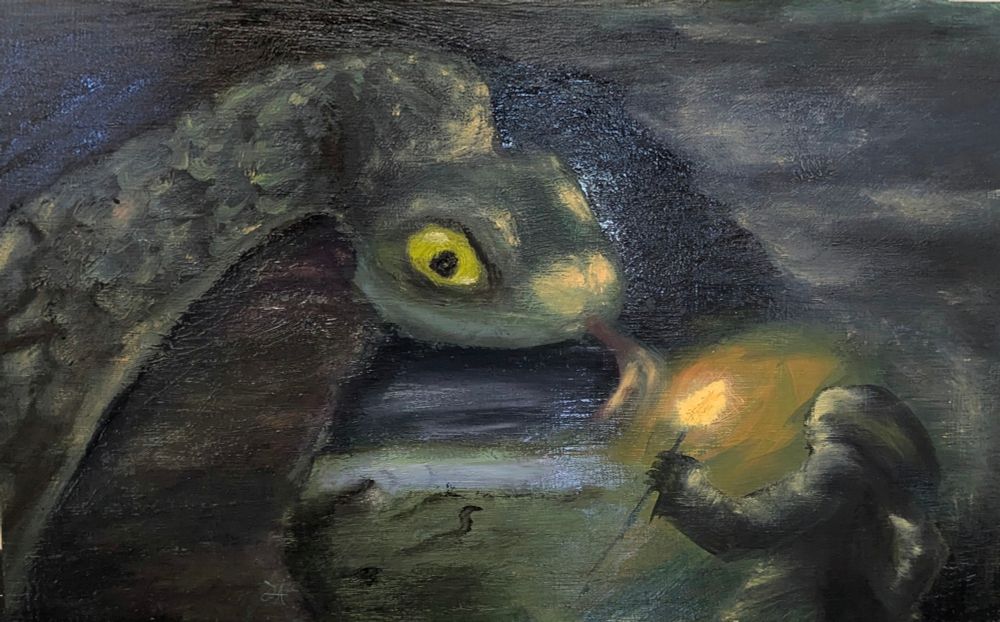 Oil painting depicting a dramatic, dark cavern scene. On the left, a massive, serpentine snake with mottled green-grey scales and a striking green eye looms, its head lowered menacingly toward the foreground. Its tongue flicks out in the direction of a small, hooded human figure on the right, who holds a bright torch that casts a warm, golden glow against the snake’s face and the surrounding shadows. The background is murky and indistinct, evoking a sense of depth and foreboding within the cave. A smaller snake can be seen moving towards a glowing pool of water in the background. The brushwork is expressive, with visible texture adding to the atmosphere of tension and mystery.