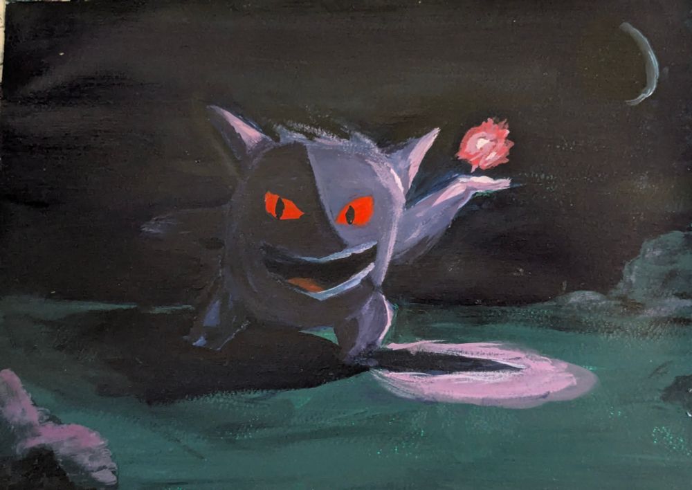 Acrylic painting of the Pokémon Gengar emerging from a dark, moonlit night. The purple, spiky ghost grins with sharp red-orange eyes, one arm flinging out a small pink ghostly flame. A pale lilac oval of light pools on the green ground beneath, with misty shadows and a thin crescent moon in the upper-right corner.