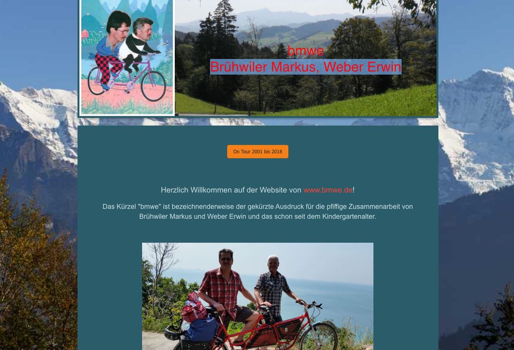 Screenshot der privaten Website bmwe.de der tandemradelnden Brühwiler Markus und Weber Erwin