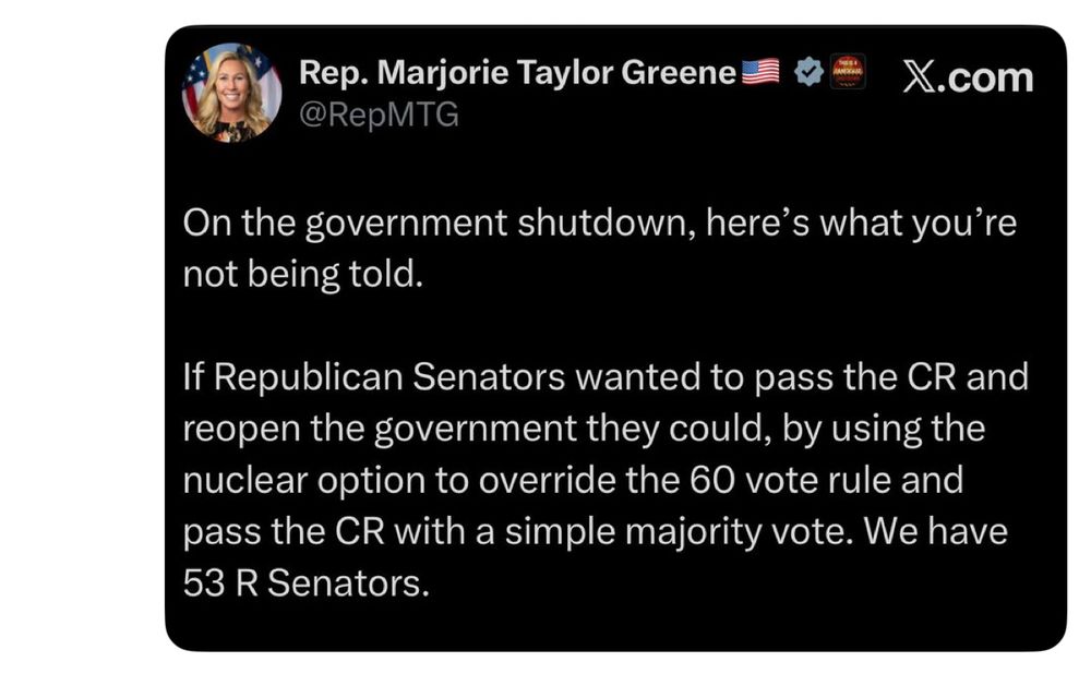 MTG basically said Reps aren’t telling the public everything. She says the senate an end the shutdown 