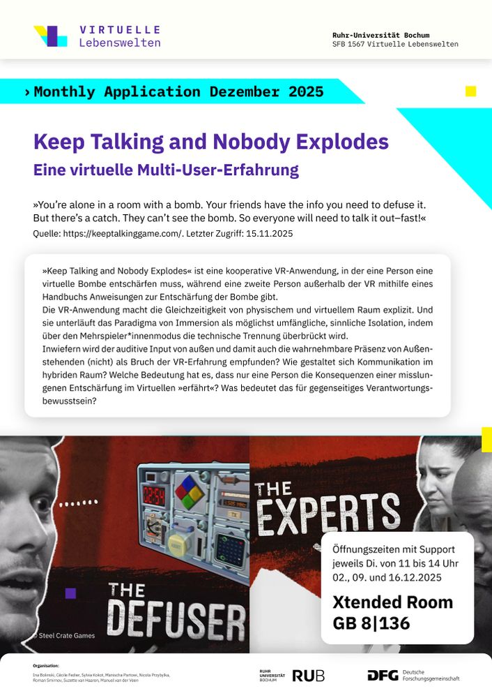 Zwei Screenshots unten auf dem Plakat: Links ein Gesicht fixiert eine Bombenattrappe, rechts zwei Personen beugen sich über ein Heft.