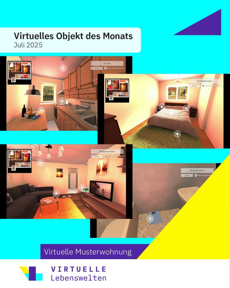 Vier Screenshots zeigen verschiedene Räume einer virtuellen Musterwohnung: Küche, Schlafzimmer, Wohnzimmer, Badezimmer. Infopunkt verweisen auf inegrierte smarte Techniken.