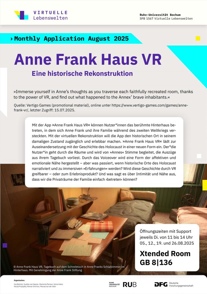 Auf dem MApp-Plakat ein Screenshot aus der App: Ein Schreibtisch mit Zetteln und Tagebuch, zwei Betten.