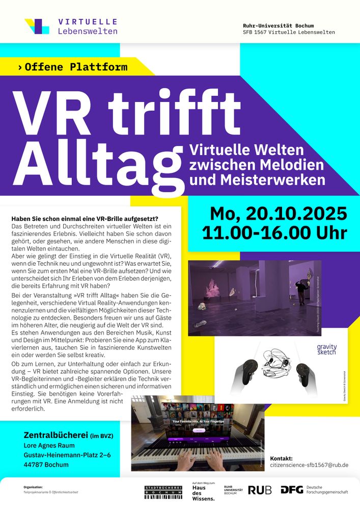 Plakat mit Infos zur Veranstaltung und drei Screenshots. 1. ein Ausstellungsraum mit Objekten und einer Person, 2. zwei Hände mit Controllern, 3. zwei Hände vor einem Piano.