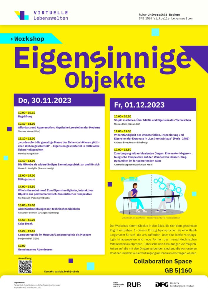 Plakat mit dem Workshopprogramm "Eigensinnige Objekte". Der Workshop findet am 30.11. und 1.12.23 im SFB 1567 statt.