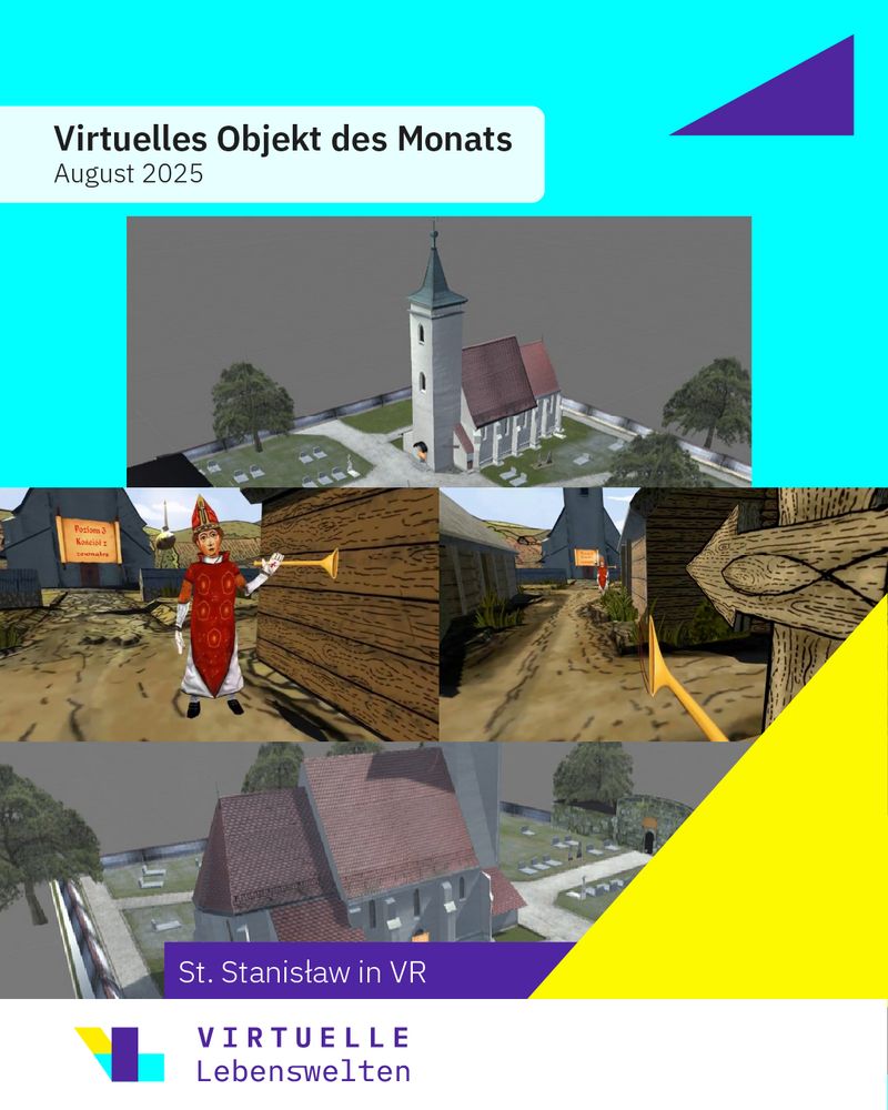 Collage aus vier Bildern: Zwei Ansichten eines 3D-Modells einer Kirche, zwei In-Game Screenshots einer Bischofsfigur aus der Supertotale und der Totale  vor einer Kirche.