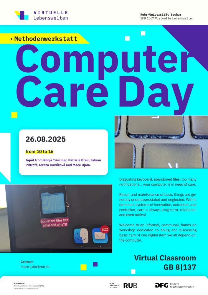 Poster with two screenshots. The center right screenshot is a close-up of a computer keyboard. The bottom left screenshot is a close-up of a section of a computer screen with a folder, the Finder icon, and the Mail program icon.