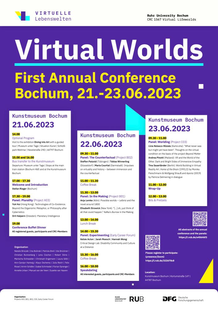 Poster of the annual conference "Virtual Worlds", which took place from 21 to 23 June 2023 at SFB 1567.