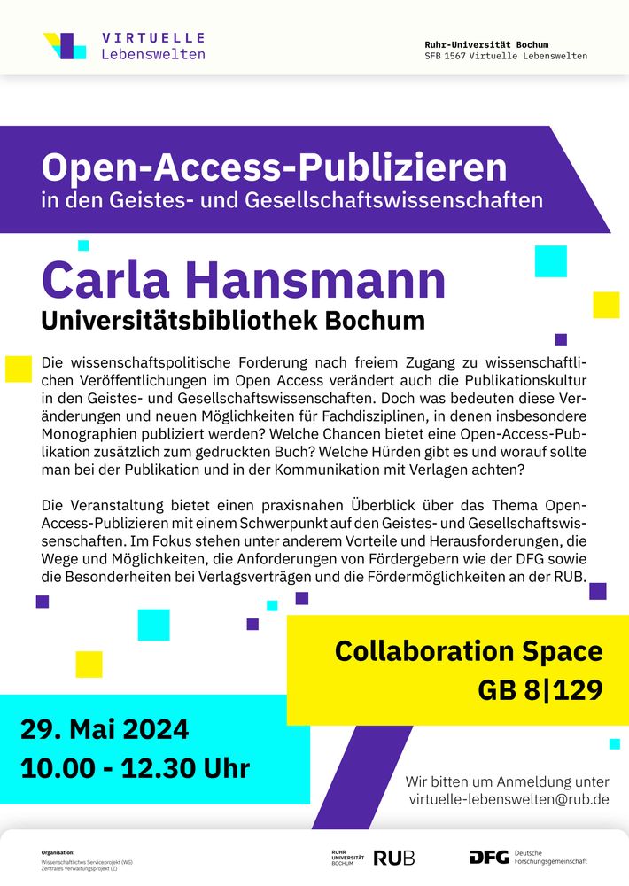 Plakat zur Veranstaltung "Open Acces-Publizieren in den Geistes- und Gesellschaftswissenschaften", die am 29. Mai 2024 im SFB 1567 stattfinden wird.