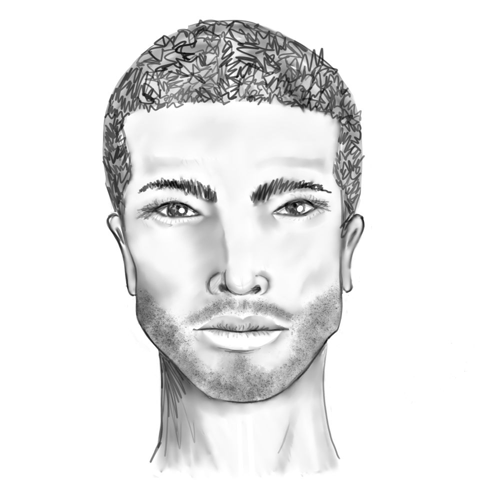 Black and white drawing of a man's face. His skin has some color, and he has a five o'clock shadow. His eyes are spaced far apart and very dark. His hair is cut very close to the scalp. His has thick, slanting brows and an upturned nose.