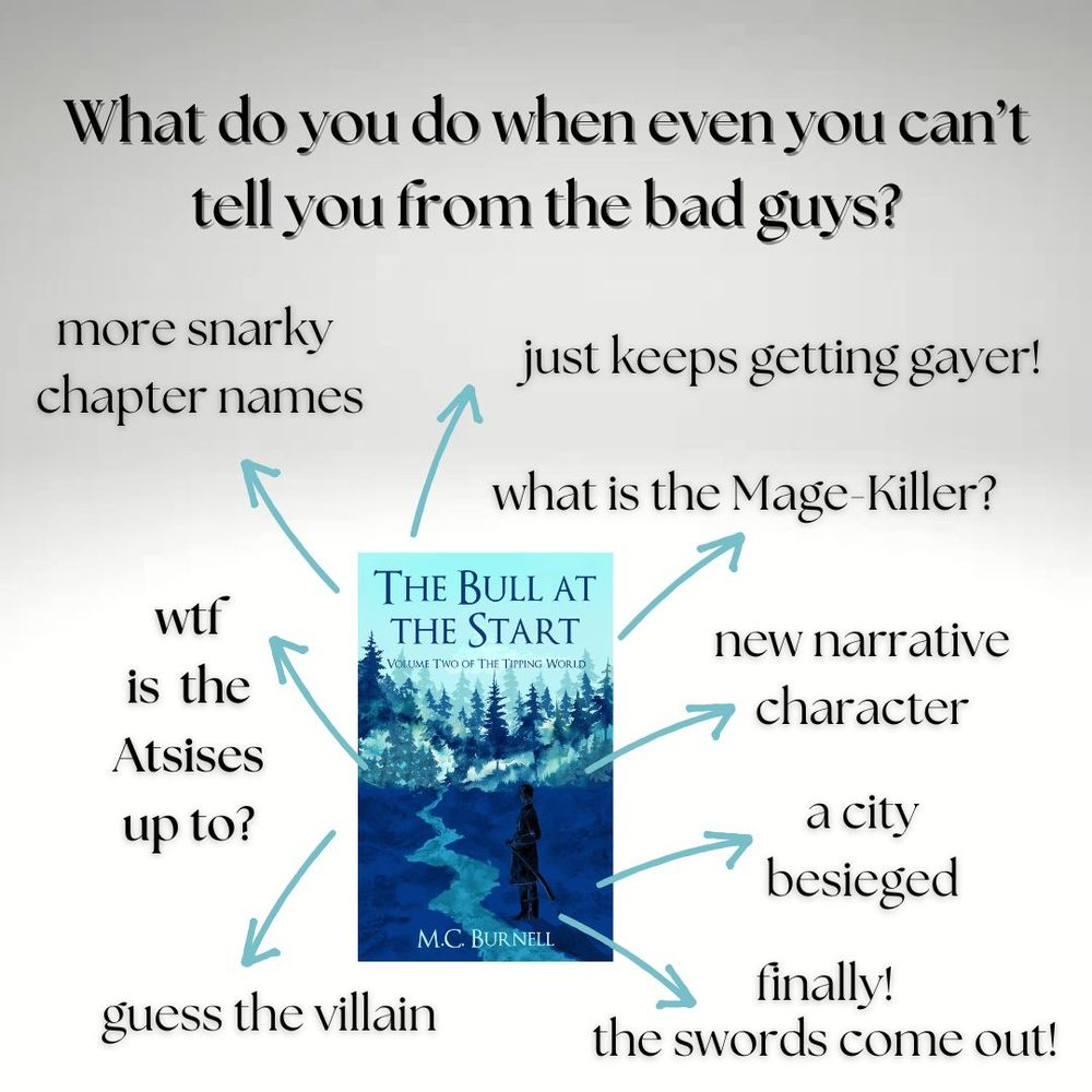 What do you do when even you can't tell you from the bad guys?
Around the cover of a book titled The Bull at the Start arrows point to the phrases: more snarky chapter names/ just keeps getting gayer!/ What is the Mage-Killer?/ new narrative character/ a city besieged/ finally! the swords come out!/ guess the villain/ wtf is the Atsises up to?
