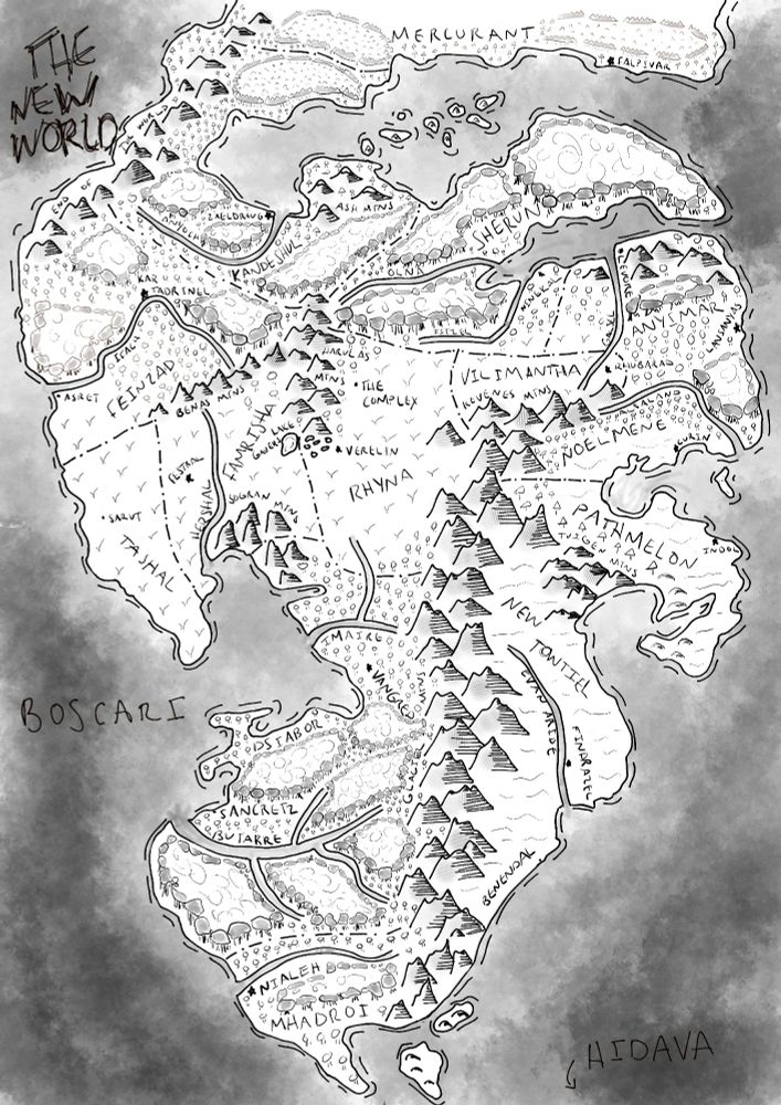 A continent surrounded by ocean, longer than it is wide, with several prominent isthmuses. The image is titled 'The New World,' the continent named Boscari. There are 9 ranges of mountains, the largest - Glaciers Mtns - serving as a spine that divides east from west for most of the continent's length. There are 14 countries, capitals parenthetical: Dsiabor (Vangred) and Mhadroi (Nialieh) in the forested south. Along the eastern seaboard, desert New Towtiel (Findrazel), Pathmelon (Indol) and Noelmene (Curin). In the forested northwest, Anyimar (Lansanyas) and Sherun (Ninekal). In the far north, Mercurant (Falpivar). The central plains states of Famrisha (Festrel), Tashal (Sarut), and Rhyna (Verelin; only the latter on the continent is landlocked). In the far west/ northwest, Feinzad (Kar Tadrinel) and Kandeshul (Zaeldroug). Arid Vilimantha (Rhubarad) is squished between Anyimar, Sherun, and mountains that separate their region from the desert. There are lots of rivers, the largest being the Butarre, in Dsiabor. In the northern plains of Rhyna, a dot is labeled The Complex.