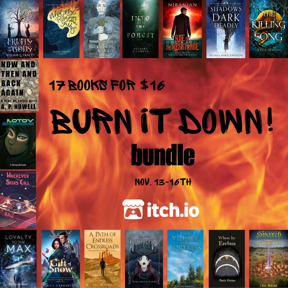 A background of flames. Text reads: BURN IT DOWN! Bundle
17 books for $16
November 13-16th
Thumbnail book covers line the top, bottom, and left margins of the image:
Now and Then and Back Again by A.P. Howell
Fruits of the Gods by William C. Tracy
Rise of the Resistance by Niranjan
Into The Forest by Natasha O’Connor
The Killing Song by Felix Graves
Birthright by M.A. Vice
Heirs of Hyarch Book One: The Spellking's Heir Chriss Mitchell
Shadows Dark and Deadly by Andrea Marie Johnson
The Backwards Knight by Matthew Siadak
Loyalty to the Max by Maya Darjani
What May Rise From the Ashes by Susanne Schmidt
Their Village, Their Fortress by Dylan Madeley
Gift of Snow by C.L. Carhart
When In Erebus by Paris Vivian
Kotov Syndrome by S. Morgan Burbank
Wherever the Stars Call by S. Jean
A Path of Endless Crossroads by M.C. Burnell

