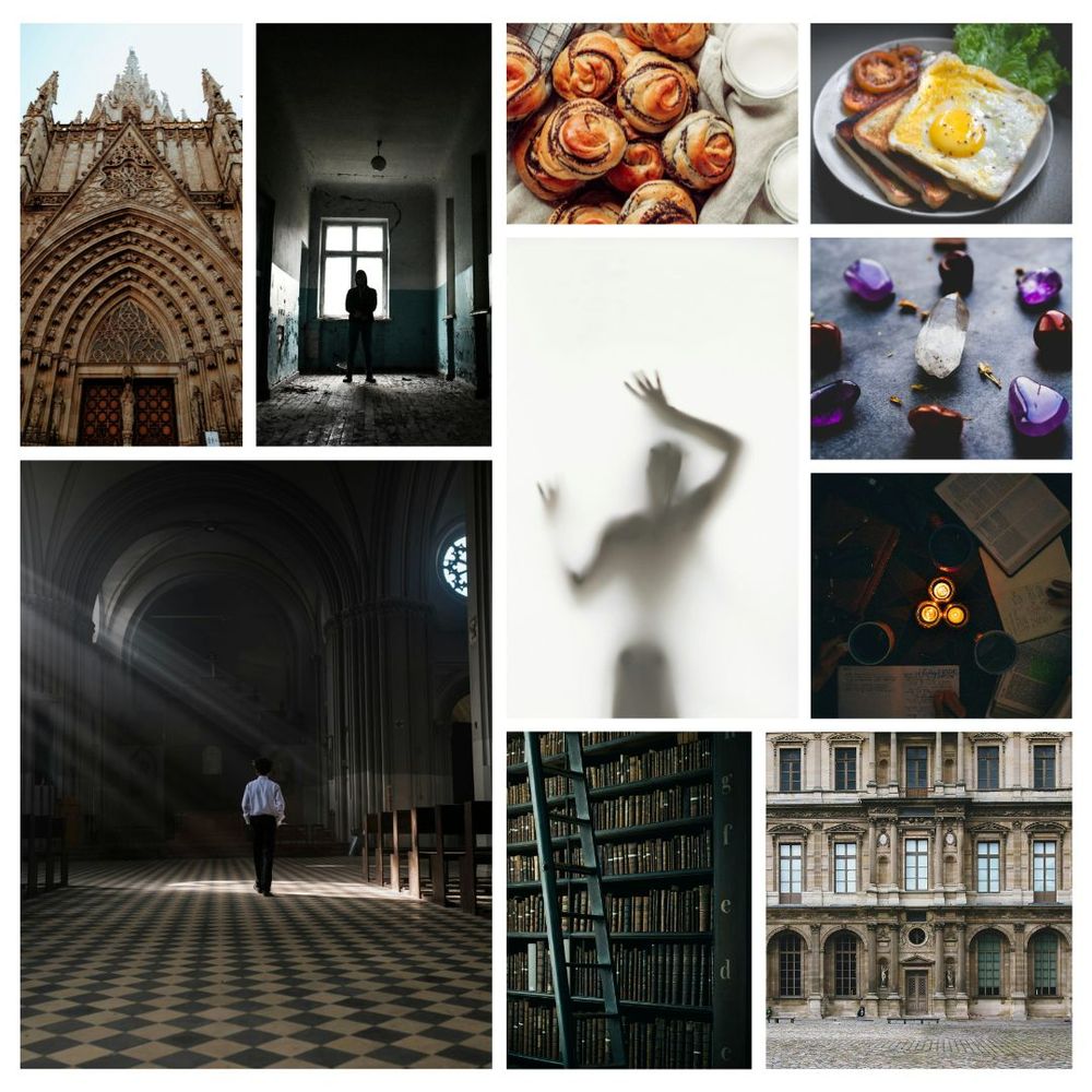 A collage of images, from top left: the elaborate front of a towering cathedral; a lonely figure in a shadowy hall, impossible to see because they're brightly backlit by the window they're looking out of; a basket filled with scrummy rolls; a plate of toast and roast tomatoes, a delicious fried egg; vividly-colored crystals; books spread out and badly lit by candles; the frontage of a tall gray stone building in a city; a library shelf packed with books; a misty, creepy, ambiguous figure; a boy walking alone through a gloomy space that draws attention to how small and alone he is.