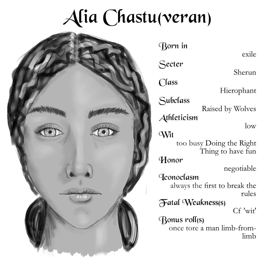 Drawing of the face of a young woman. Alia Chastuveran.
Born in
exile
Secter 
Sherun
Class 
Hierophant 
Subclass 
Raised by Wolves
Athleticism 
low
Wit 
too busy Doing the Right Thing to have fun
Honor
negotiable
Iconoclasm 
always the first to break the rules
Fatal Weakness(s)
Cf 'wit'
Bonus roll(s)
once tore a man limb-from-limb