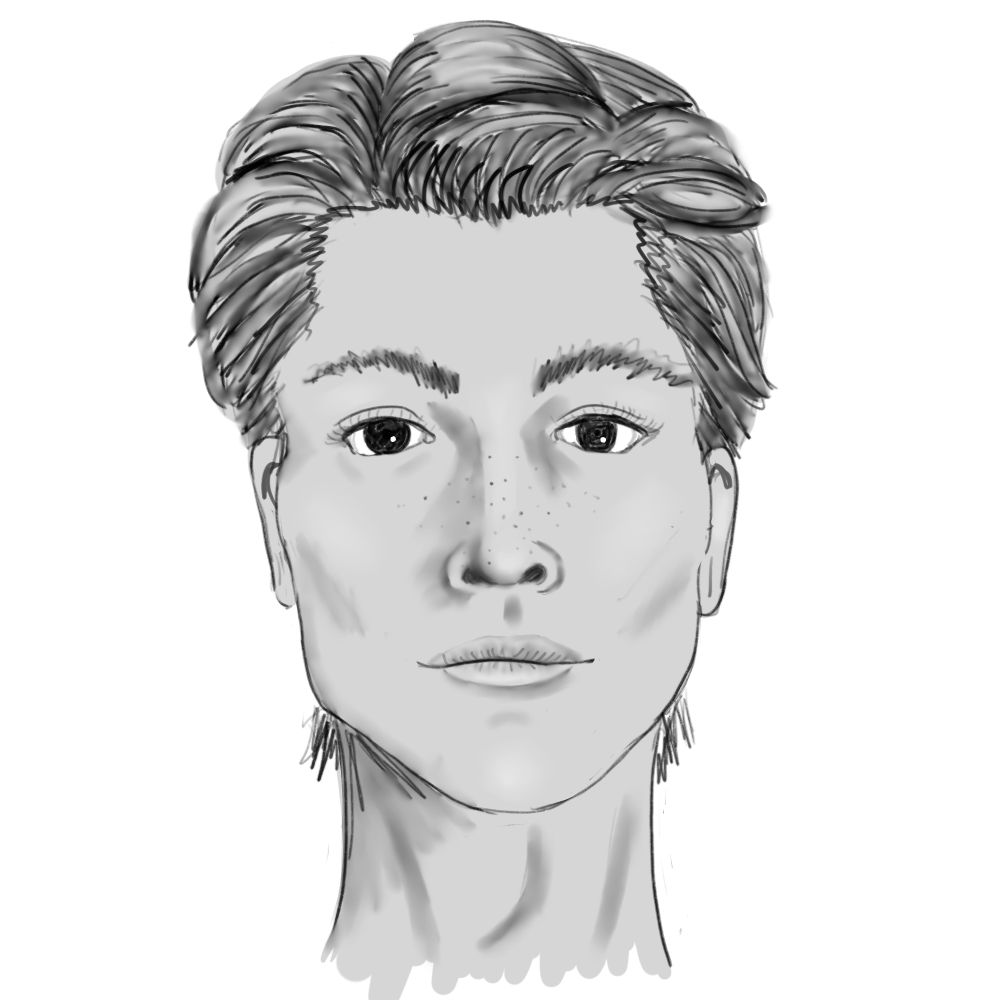 A young man with unremarkable features and black eyes. His black hair is straight and coiffed off his brow. His skin has some pigment and there are freckles across his nose.