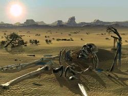 A skeleton lies half-buried in a desert wasteland. 
