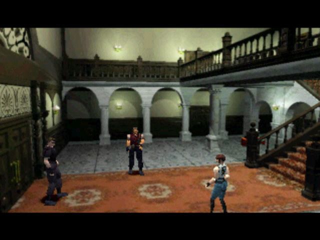 A screenshot from Resident Evil 1. A pixelated Albert Wesker, Jill Valentine, and Barry Burton stand in the grandiose entrance hall of the Spencer Mansion.
