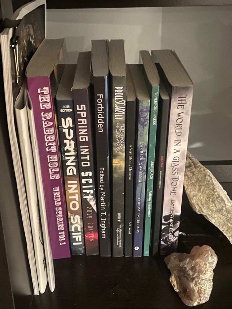 A row of books on a black shelf,  many of which are authored by Anthony Engebretson