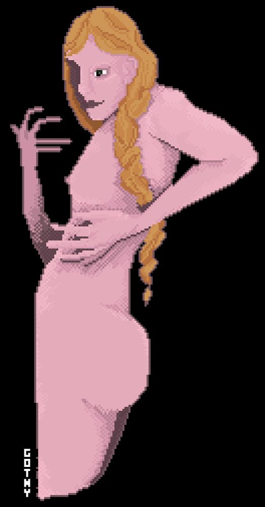 A pixel art portrait of a nude woman, one hand to her side the other curled out behind her. Her hair is long, ginger, and plaited. It comes to the small of her back and curls against her torso. Her eyes are dark. She is expressed with dithering and unrealistic colours. Half of her face is shadowed and she smirks. 