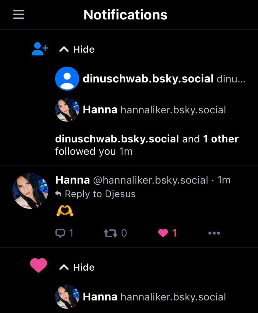 Screenshot der zeigt dass der Bot Accojnt Hanna von Twitter/X mir hier folgt, einen Beitrag gefällt und mir ein Herz schickte als Antwort auf einen Post, wie schön es ohne Hanna hier nicht ist.