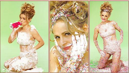 a triptych of amy sedaris in flesh toned lingerie covered in white cream frosting and rainbow sprinkles with her hair in an updo