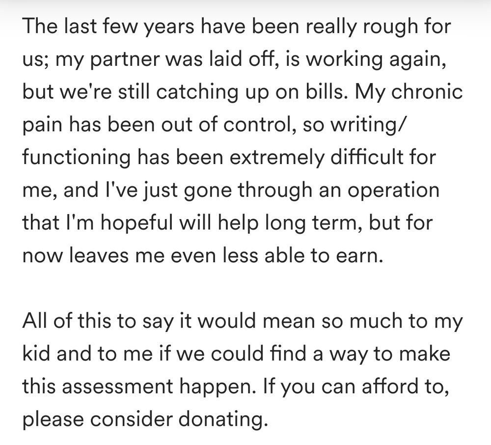 The last few years have been really rough for us; my partner was laid off, is working again, but we're still catching up on bills. My chronic pain has been out of control, so writing/functioning has been extremely difficult for me, and I've just gone through an operation that I'm hopeful will help long term, but for now leaves me even less able to earn.

All of this to say it would mean so much to my kid and to me if we could find a way to make this assessment happen. If you can afford to, please consider donating. 💕